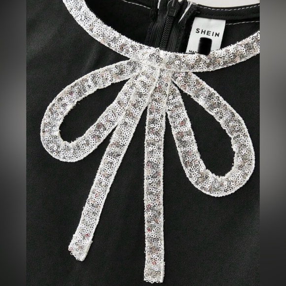 SHEIN Little Girl’s Black Silver Sequin Bow Neck Dress Size 6yr old - Picture 3 of 8